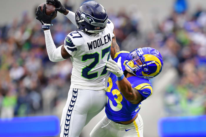 Seattle Riq Woolen had a league-leading six interceptions in 2022 as a rookie fifth-round pick.